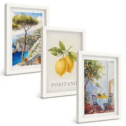 BILDER SET 3er Set - 20x30 cm Weißer Rahmen - Ansichten von Positano mit Zitronen