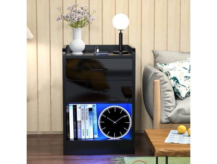 Table de Chevet LED avec Station de Charge 16 Couleurs LED Réglable Table de Nuit avec LED Table de Chevet avec 2 Tiroirs