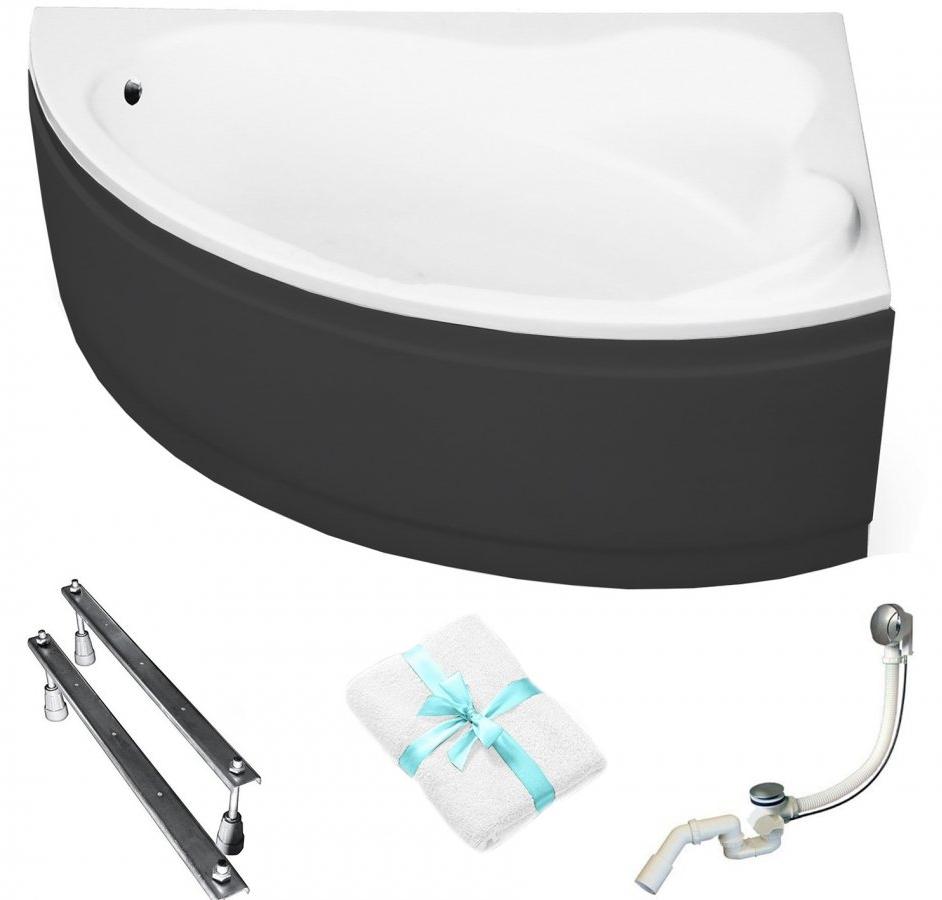 Aqua For You | Besco Badewanne Asymmetrisch Ada Rechts - 140x90 Cm - Schwarze Verkleidung - Acryl - Antibakterielle Beschichtung