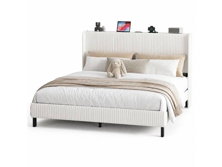 Cadre De Lit 180x200 En Tissu Côtelé Avec Tête De Lit Capitonnée\, Lattes Métal Silencieuses\, Structure Plateforme Stable Pour Chambre Élégante – Chicfurn