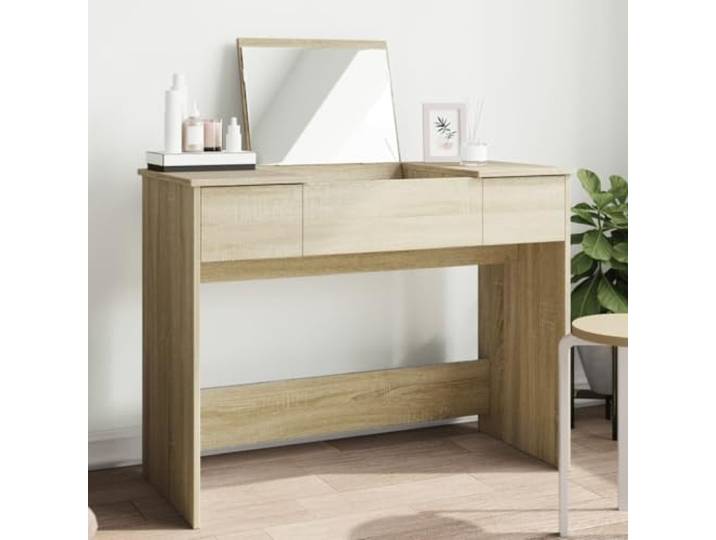 Schminktisch mit Spiegel Eiche Sonoma 100x45x76cm Aufbewahrung von Make-up und Schmuck, glatte Oberfläche, feuchtigkeitsbeständig, Wandbefestigung im Lieferumfang enthalten