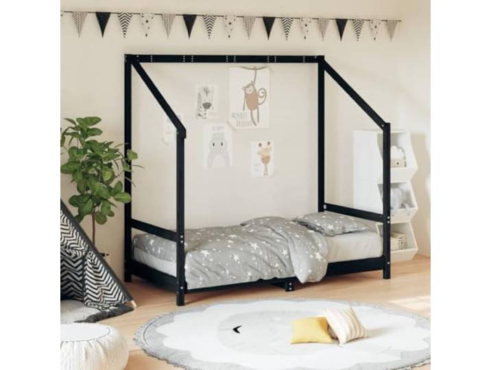 ZXQVLMRS Kinderbett-Haus 80x160 cm Massivholz-Bettgestell Schwarz Rustikales Kieferndesign, Sicherer Schlafplatz, Inklusive Lattenrost