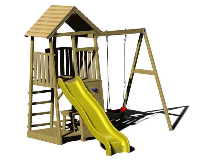 Wendi Toys Holz Spielturm Pelikan inkl. Rutsche, Kletterwand, Schaukel und Sitzgarnitur Natur 280x270x270 cm