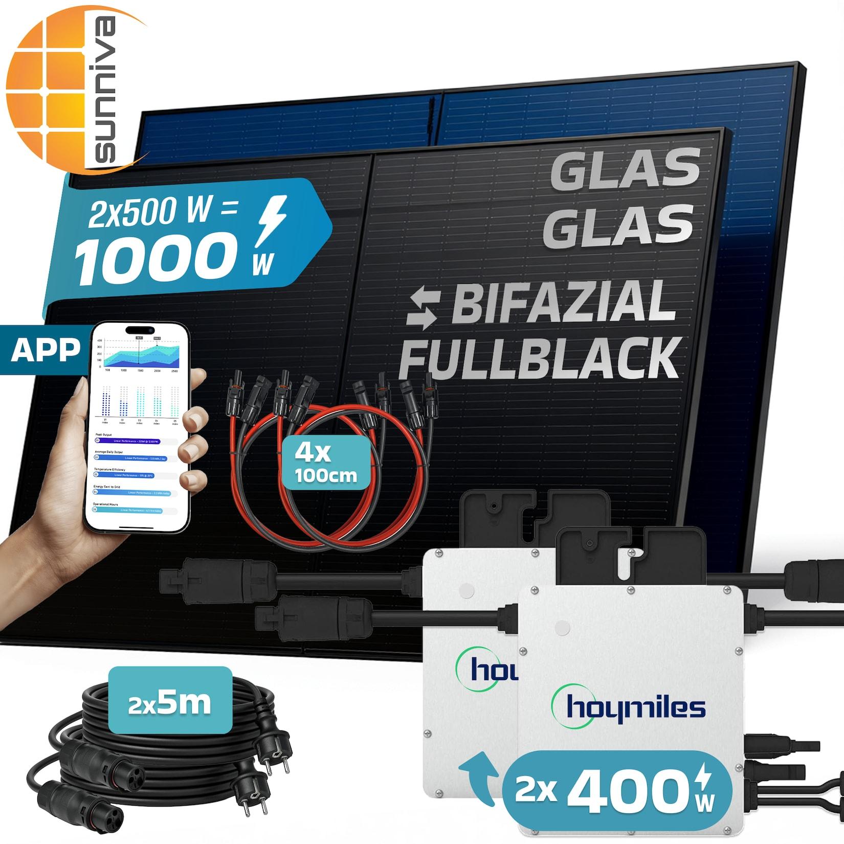 SUNNIVA® 1000W Balkonkraftwerk BIFAZIAL FULLBLACK komplett Steckdose HOYMILES 2x 400 Watt Wechselrichter, PV Solaranlage Komplettset, 2x 500W N-Type Glas Bifacial Solarmodule, 2x 5m Kabel