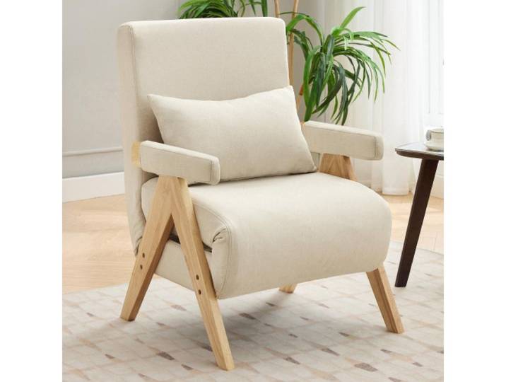 BBG Schlafsofa 3-in-1 Klappsessel mit Schlaffunktion, Schlafsessel zum Ausklappen, 6-fach verstellbare Rückenlehne, Leinenbezug, Massivholzarmlehnen