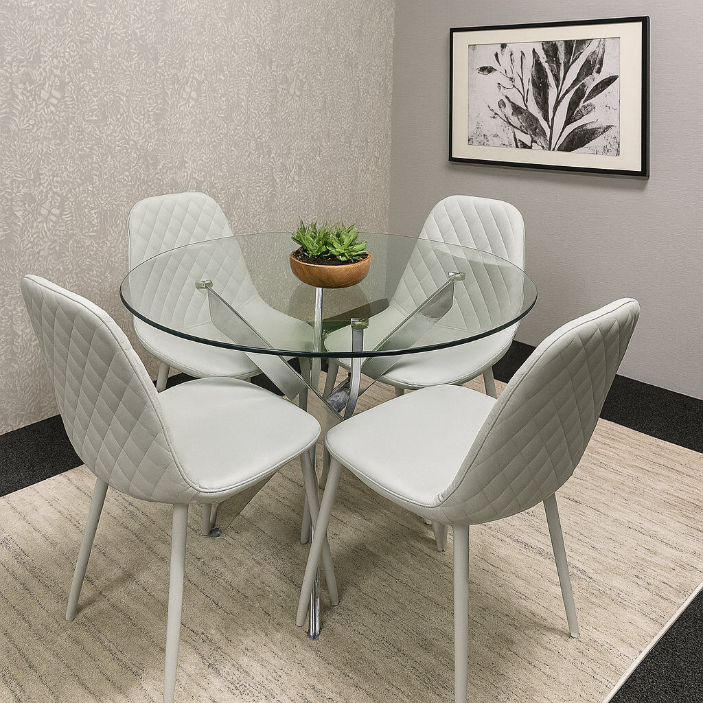KOSY KOALA Maya Round Glass Dining Table with 4 Gem Chairs Chrome Finish Grey 4