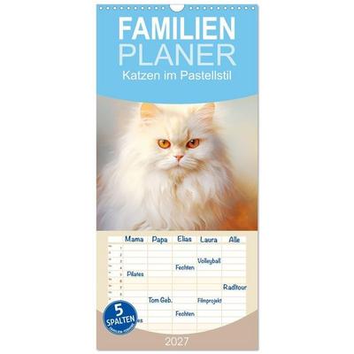 Familienplaner 2027 - Katzen im Pastellstil mit 5 Spalten (Wandkalender, 21 x 45 cm) CALVENDO