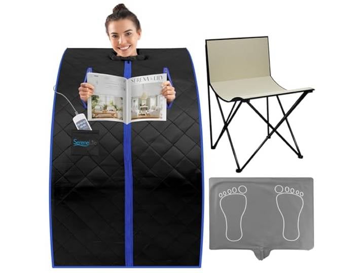 SereneLife Dampfsauna Zelt Schwarz 84×80×103 cm – Tragbare Heimsauna mit Stuhl und Heizmatte Faltbare Mini Sauna - Mobile Dampfbad Kabine bis 60 °C, Carbon-Heizelement und Fernbedienung