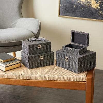 ARCILLA ELEMENTAL Black Fabric Handmade Storage Decorative Box with Silver Latches (Set of 4)