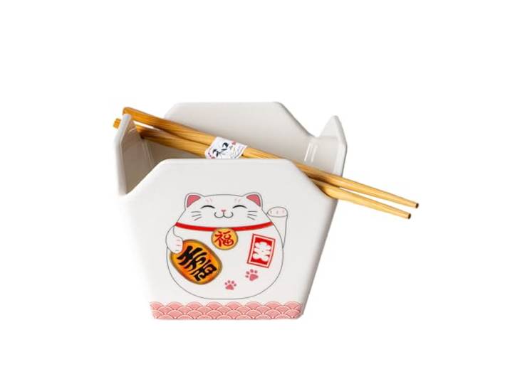 Urban Tokyo Porzellanschüssel im chinesischen Takeout-Box-Stil mit Essstäbchen, 532 ml, quadratische Form, Reisnudeln, Pasta, To Go, Schüsselform, mikrowellengeeignet, spülmaschinenfest (Glückskatze)