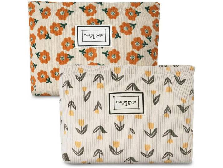 Kulturbeutel 2-teiliges Set Cord Blumenmuster Orange/Aprikose, Mehrfarbig, 20x2x30 cm, Badaccessoires, Kosmetikdosen