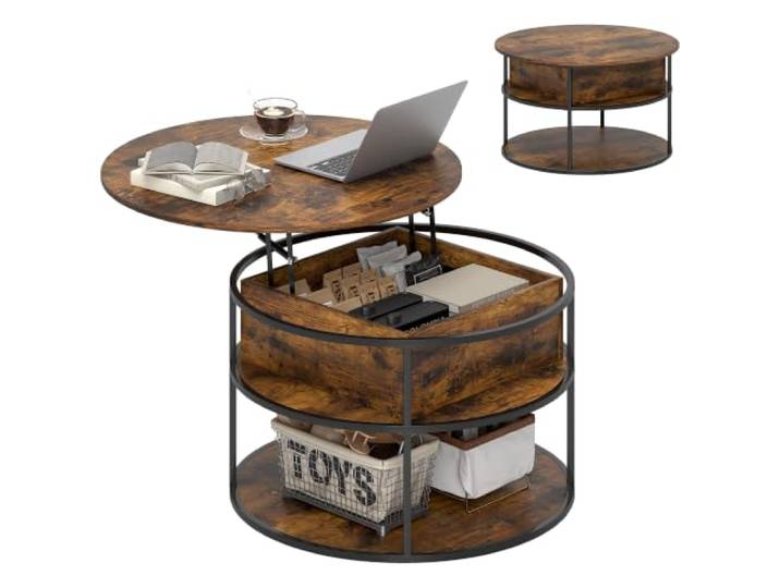 HOMCOM Couchtisch Rund Höhenverstellbar mit Ablagefläche Ø80 cm Braun Hebeplatte, Versteckter Stauraum, Wohnzimmertisch, Kaffeetisch, Beistelltisch, für Wohnzimmer