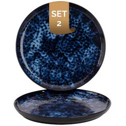 2 x palmer Bama Blue Teller flach im Set, Steinzeug, Ø  27 cm, auß, blau schwarz gesprenkelt, Hochglanz, moderne Ausstrahlung