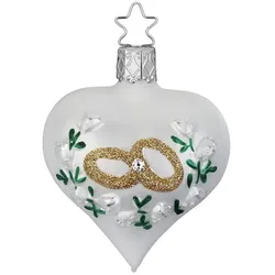 INGE-Glas Manufaktur Christbaumschmuck Glas 7cm Herz mit Ringen Weihnachtsbaumschmuck Hochzeit weiß