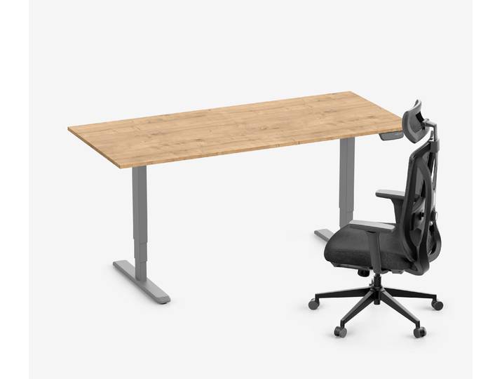 PRIMUS Schreibtisch + Stuhl VITA MESH Grau Hoch, Sitzhöhe 52 - 64 cm 180x80 Eiche