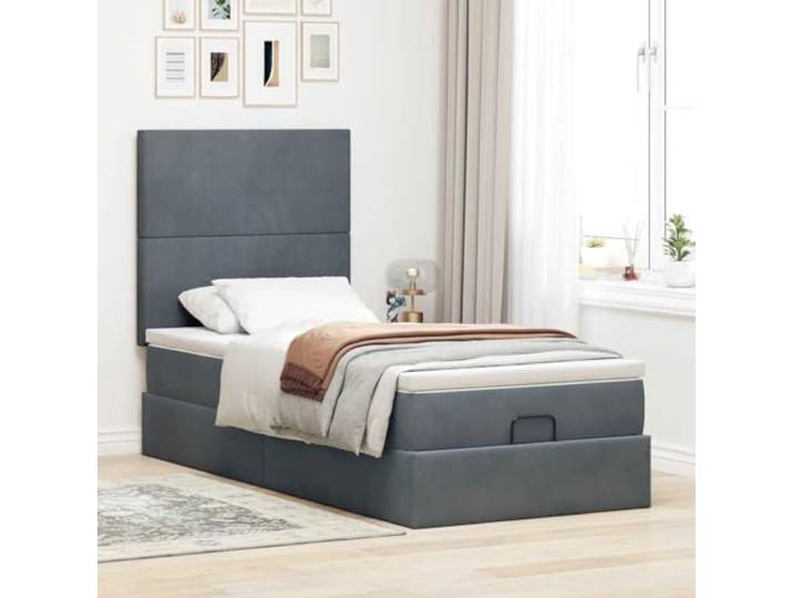 KTHLBRH Bett Pouf 90 x 200 cm Samt Dunkelgrau Behälter mit hydraulischem Anheben, Taschenfederkernmatratze, inklusive Matratzenbezug