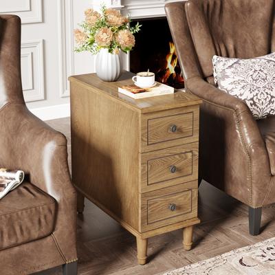 Bluebell Fully Assembled Narrow End Table, Solid Wood Side Table with 3 Drawers, Vintage Nightstand Slim Bedside Table for Small Spaces