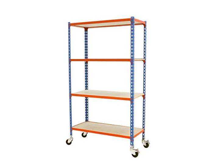 Simon Rack Metallregal mit Rollen 1575x800x400 mm - Maderclick 4 Höhen, Holzablage, Biegepunkt 75 kg, Korrosionsschutzlackierung, Klicksystem-Montage, Blau/Orange