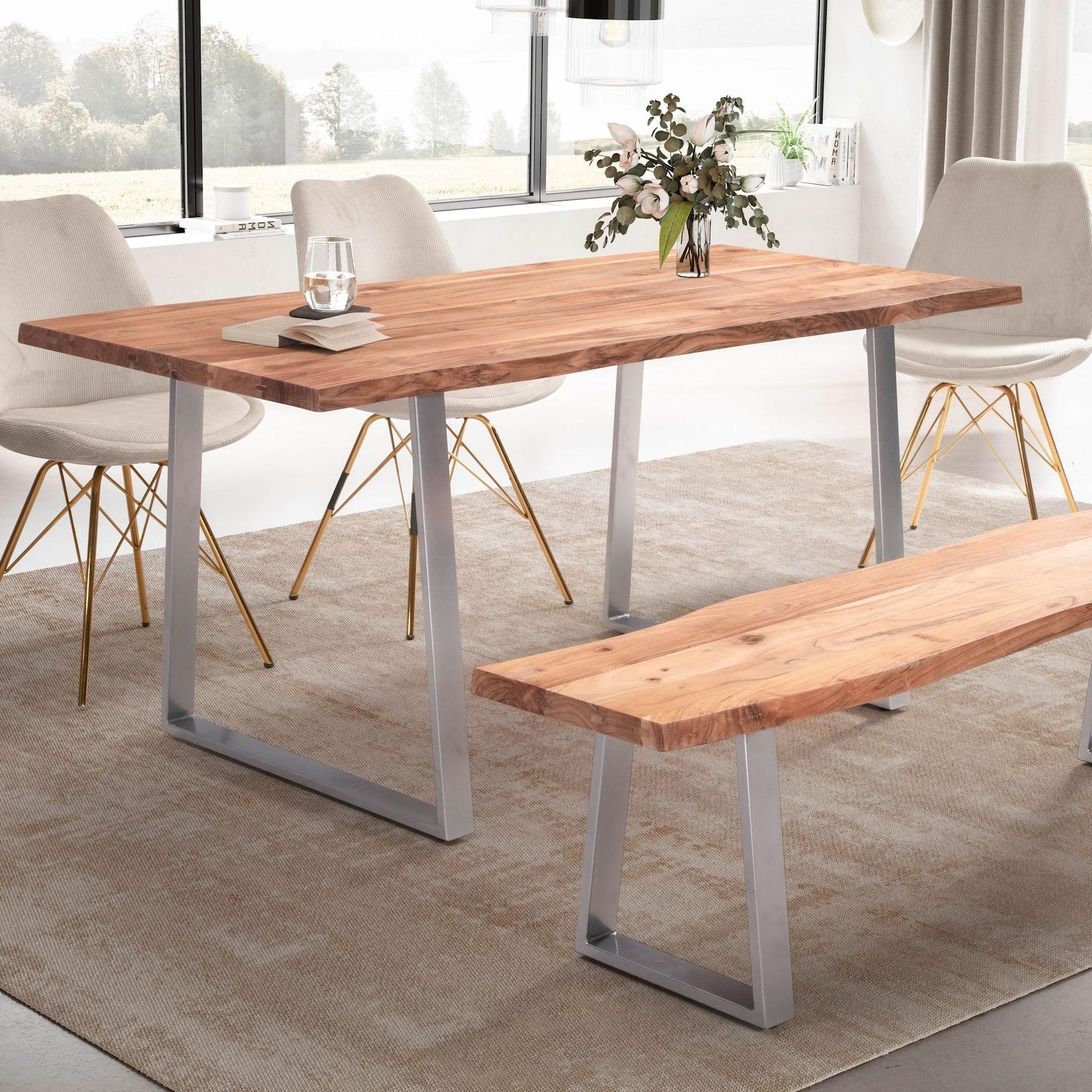 Esszimmertisch FineBuy Esstisch 120 cm Massivholz Küchentisch Baumkante Chrom