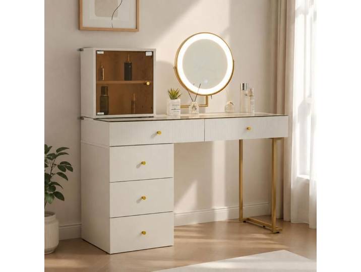 ZUBALIYA Coiffeuse avec miroir à éclairage LED plateau transparent panneaux latéraux et meuble de rangement blanc