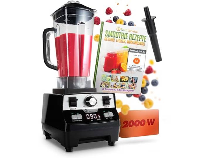 Nutrilovers Hochleistungsmixer NUTRI-BLENDER MAX Standmixer 2000W Hochleistung Smoothie-Maker Profi Mixer Blender - 2L Tritan, BPA-FREI, 9 Stufen, Digital-Timer Inkl. Smoothie Rezeptbuch