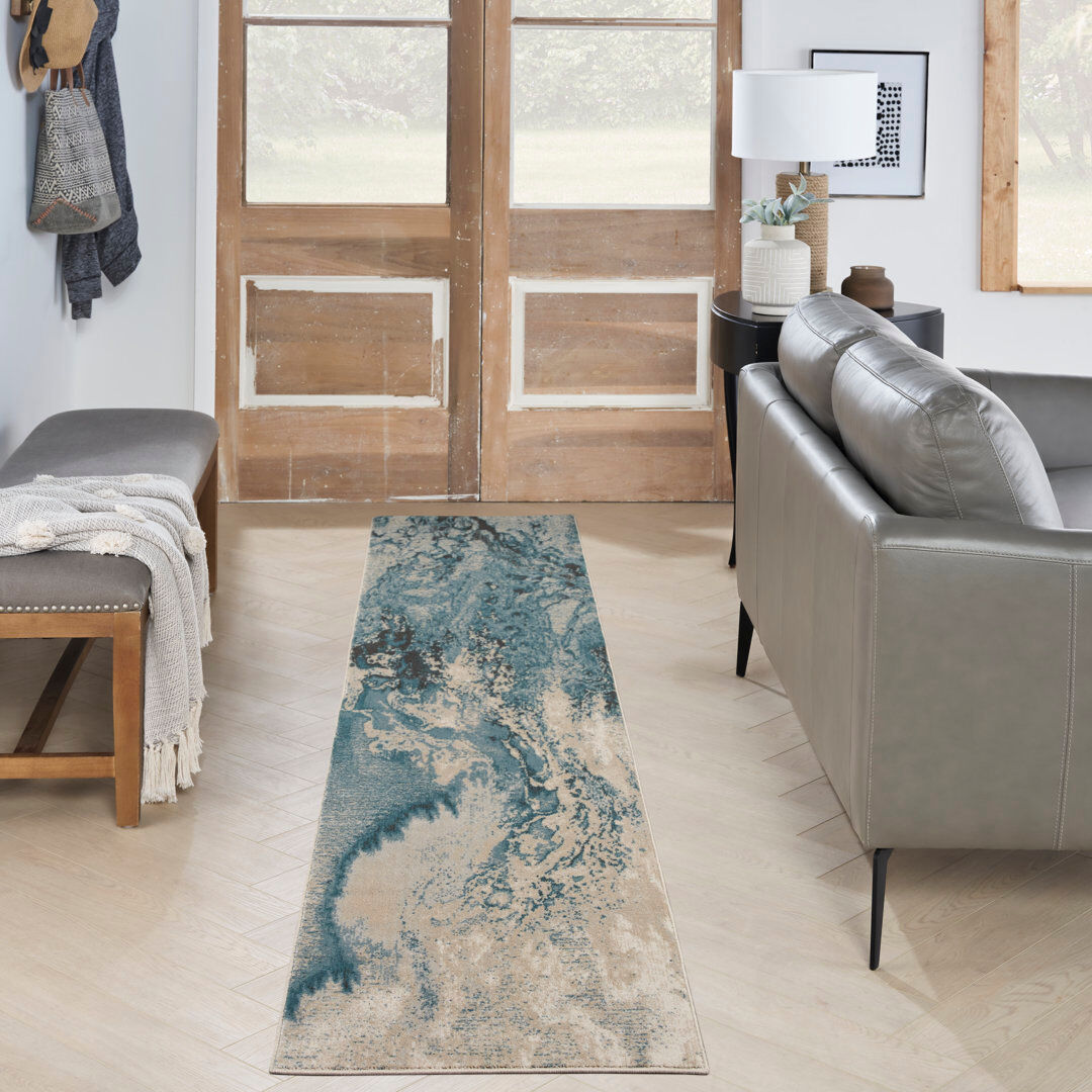 Nourison Maxell Abstract Area Rug Ivory Teal Runner 66 x 229cm
