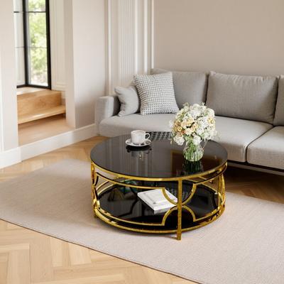 VIVIADORE "30.7"" Round Glass Coffee Table,Tempered Glass Top with Gold Metal Base,Modern Luxury Center Table for Living Room"