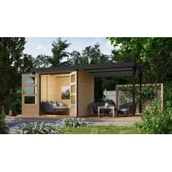 Karibu Hybrid Gartenhaus Hollywood im Set mit Anbaudach ca. 2,40 m  breit naturbelassen inkl. Fußboden Gartenlaube Geräteschuppen Gartenhütte