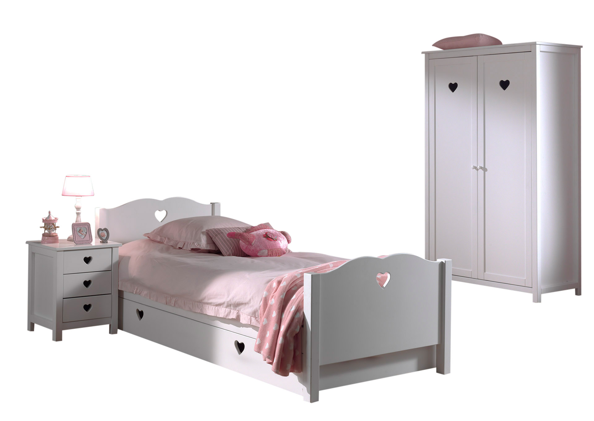 Diese Amori-kombination besteht aus den folgenden Elementen: amori bett 90x200cm * und ein lattenrost 13l und ein amori nako * und ein amori 2 tur schrank * und ein amori unterbett *