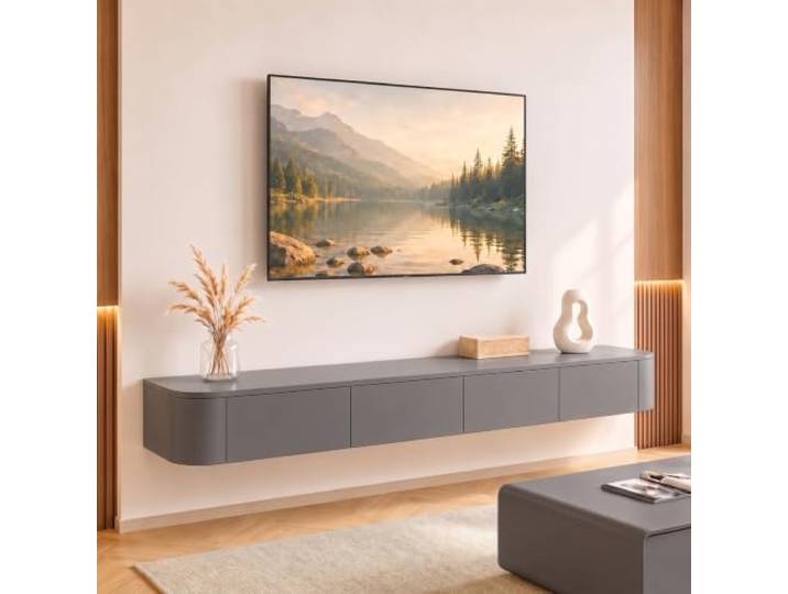 Ribanedy Modernes Schwebendes TV-Regal Wandmontierte Unterhaltungsmedien-Konsole Großes Aufbewahrungs-TV-Bank für Wohnzimmer & Büro (Grau, 220cm)