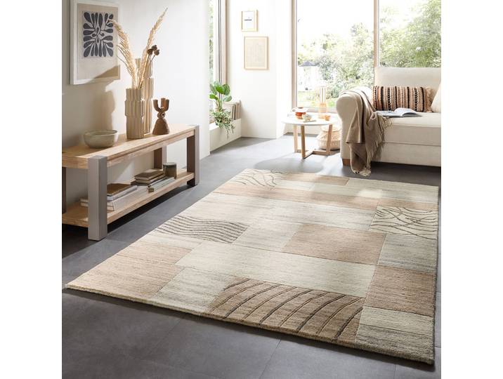Wollteppich THEKO Royal Natur 4028 , grau, B:120cm H:14mm L:180cm, Wolle, Teppiche, Wollteppich, reine Wolle, handgetuftet, Naturtöne, Patchworkdesign, meliert