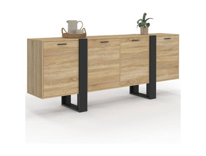 IDMarket Buffet Enfilade 200 cm Phoenix XXL 4 Portes Bois et Noir