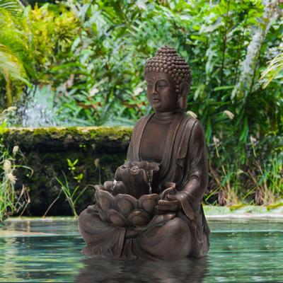 Glitzhome Polyresin Meditating Buddha Frog Statue Outdoor Water Fountain with LED Lights