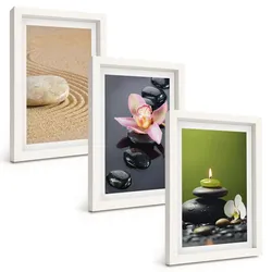 BILDER SET 3er Set - 20x30 cm Weißer Rahmen - Entspannende Zen-Steinmotive