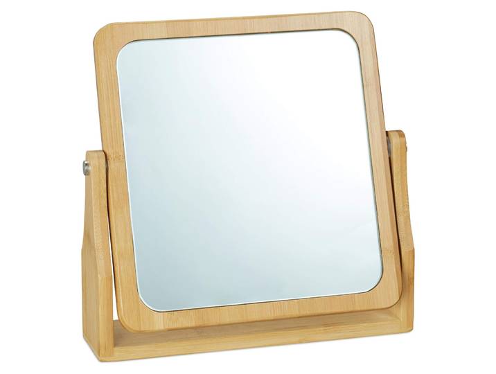 Miroir de maquillage Relaxdays\, pivotant à 360°\, rectangulaire\, sur pied\, pour le maquillage\, dimensions 27 x 26\,5 x 7 cm\, miroir de table\, bambou naturel