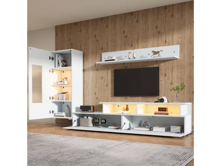 Ensemble Mural TV 3 Pièces Blanc Brillant Meuble TV Design FloraGrace Pour Salon LED Commandé Par Application 170x35x120cm