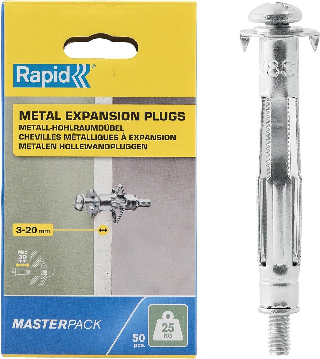 50x Metalen Hollewandpluggen voor Gipsplaat (3-20 mm) met Schroeven - Draagvermogen 25 kg