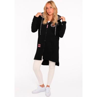 Jerseymantel ZWILLINGSHERZ "Wild Strong Free", Damen, Gr. M, schwarz, Sweatware, Obermaterial: 50% Baumwolle, 50% Polyester, bedruckt, unifarben, bequem kniefrei, Rundhals, Mäntel, mit Kapuze, Taschen, Front und Backmotiv Wild Strong Free