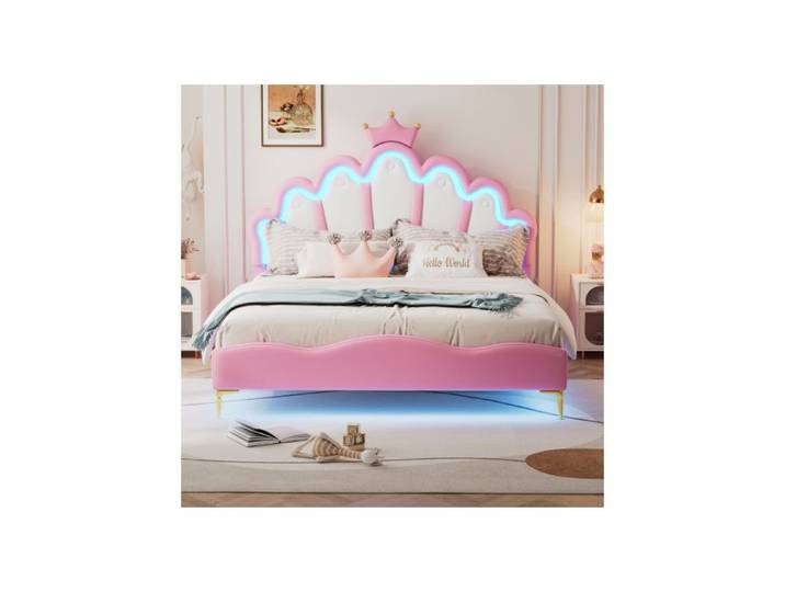 Lit enfant - AUTREMENT - 140 x 200 cm - Design couronne - Cuir PU - LED multicolore
