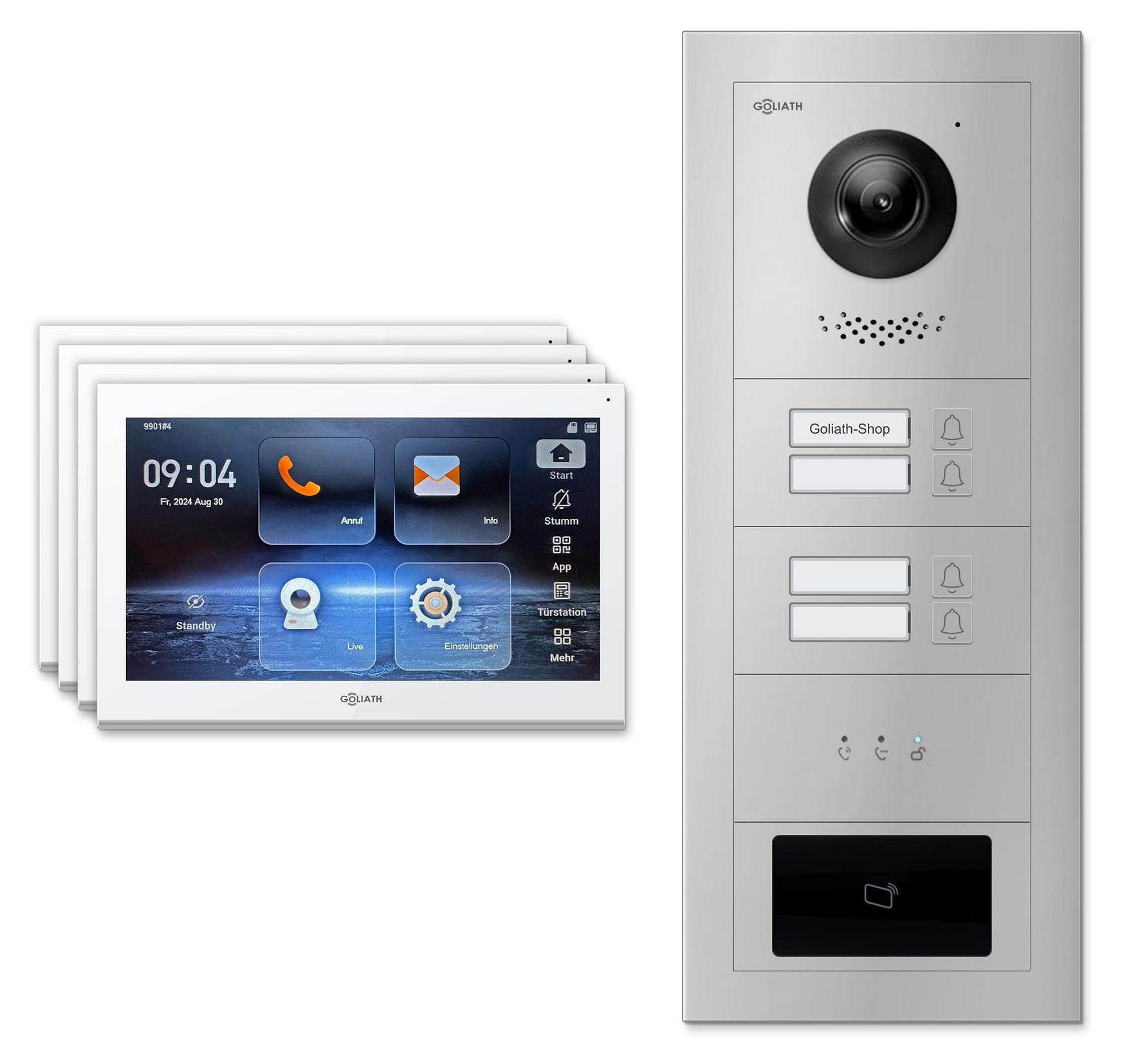 Goliath Premium IP GL-IPH410 Video-Türsprechanlage, 4 Familien, 4× 10 Zoll Weiß, Silber, Unterputz