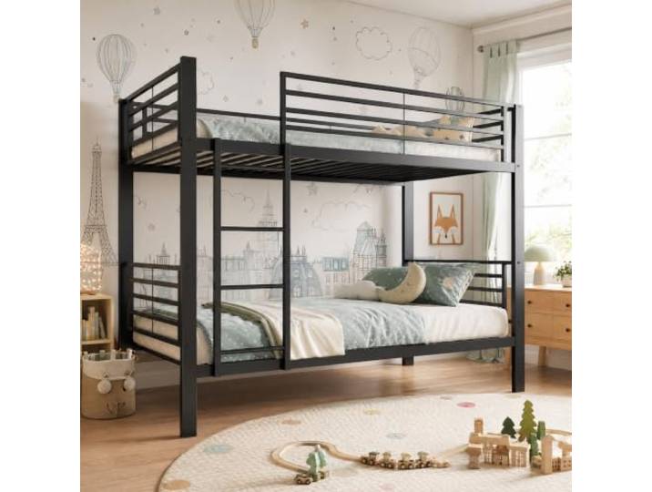 FAVSH Etagenbett 90x200 cm aus Metall, Hochbett mit Rausfallschutz und Leiter, Geräuscharmes Doppelbett, rutschfest, für Jugendliche und Erwachsene, WG & Ferienwohnung, Schwarz C