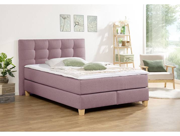 Boxspringbett, Samtstoff, Lila, 154×211 cm, Inkl. Topper, Klassisch, Home Affaire