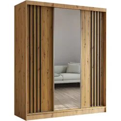 KLEIDERSCHRANK mit Spiegel-Schiebetüren und Aluminium-Leisten - NALLA - 180 cm Artisan+Artisan+Schwarz