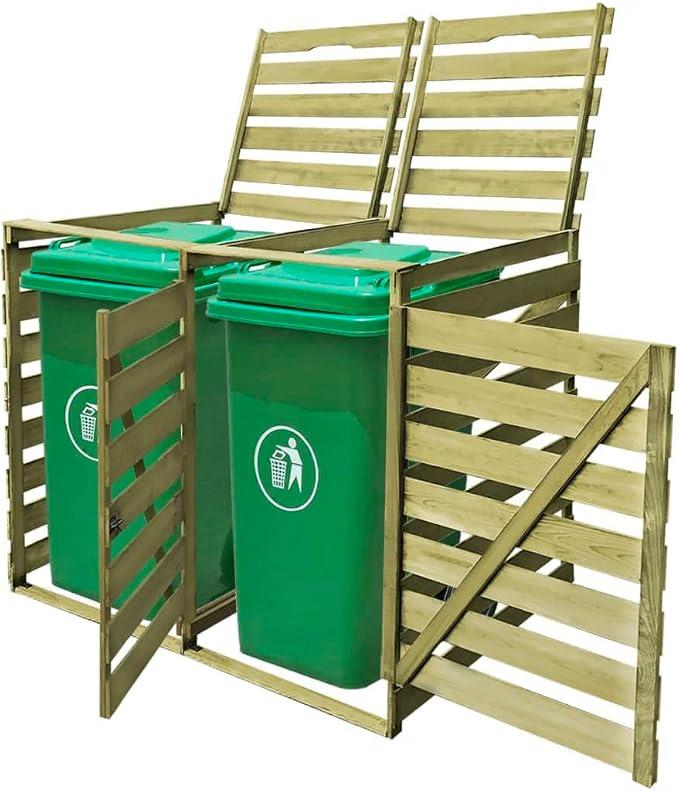 Mülltonnenbox aus grün imprägniertem Kiefernholz für 2 Tonnen 240 L, wetterfeste Mülltonnenverkleidung mit Klappdeckel und Sichtschutz, für Garten, Hof, Terrasse, Außenbereich, abschließbar