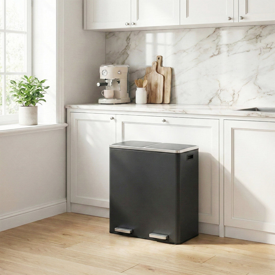 Songmics Steel Step On Multi-Compartment Rubbish & Recycling Bin Black 60L
