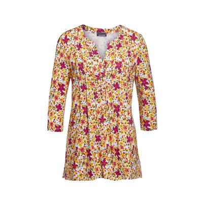 Print-Shirt GOLDNER "Kurzgröße Figurschmeichelndes Drucktunika-Shirt", Damen, Gr. 20, bunt (bunt, geblümt), Obermaterial: 95% Viskose CV. 5% Elasthan EL., normal, V-Ausschnitt, Sonstiges, Shirts, Ohne