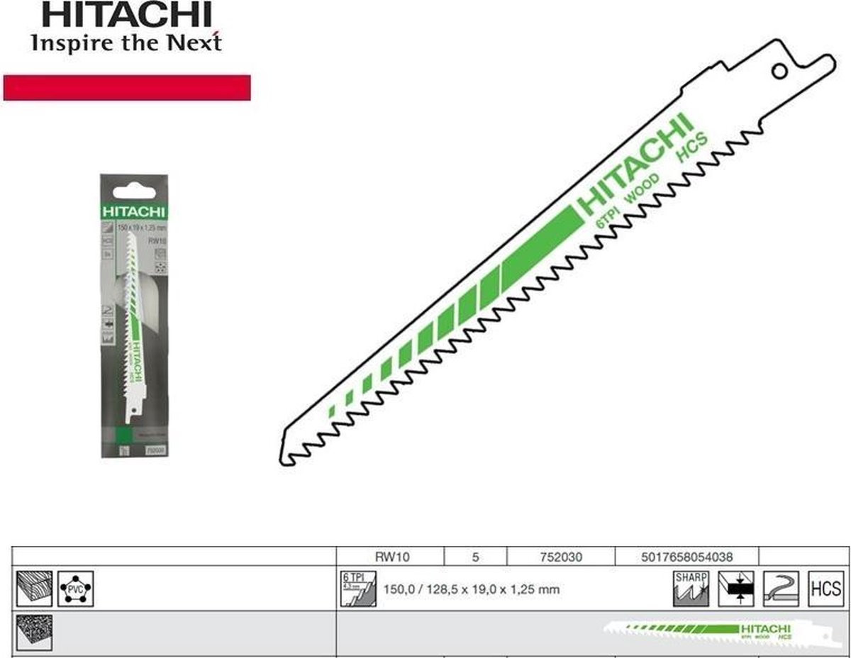 Hitachi Tijgerzaagbladen 150 mm, HCS, 6TPI, 5 stuks