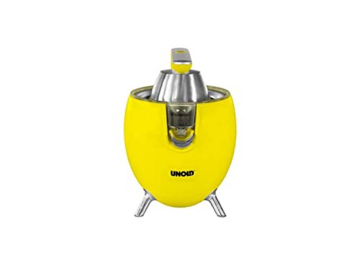 Unold 78132 Zitruspresse Power Juicy Yellow - für große und kleine Zitrusfrüchte, 1100W Motor für perfekte Saft-Ausbeute, Saftstopp-Auslauf, komplett zerlegbar, spülmaschinengeeignet, BPA-frei
