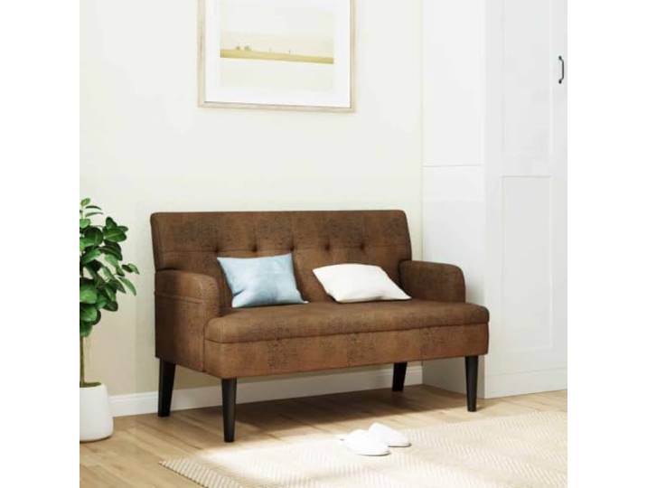 Sitzbank mit Rückenlehne und Armlehnen Braun Mikrofaser 112x65,5x75 cm Massives Kautschukholz, Sperrholzgestell, Fleckenresistenz, 110 kg Belastbarkeit, Pflegeleicht