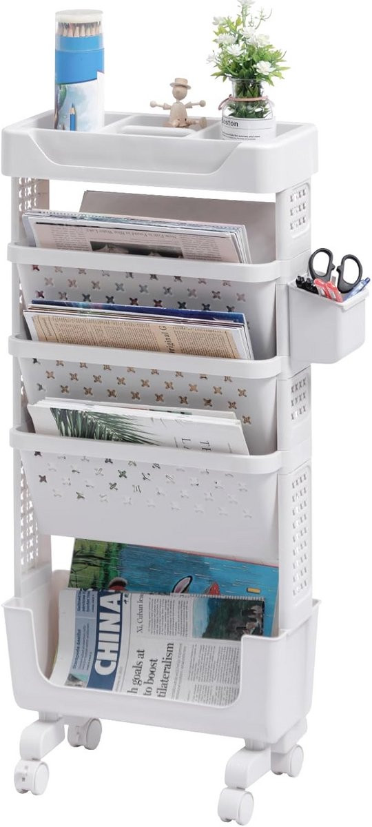 Mobiele boekenplank met wielen - 5-laags rollende opbergwagen voor woonkamer, slaapkamer en kantoor